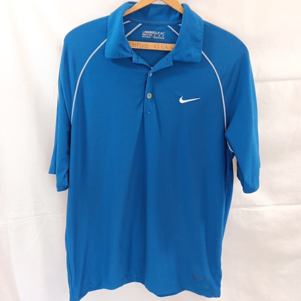 Medium Men’s Nike Golf Fit Dry Polyester Blue Golf Polo Swoosh Logo Very Good